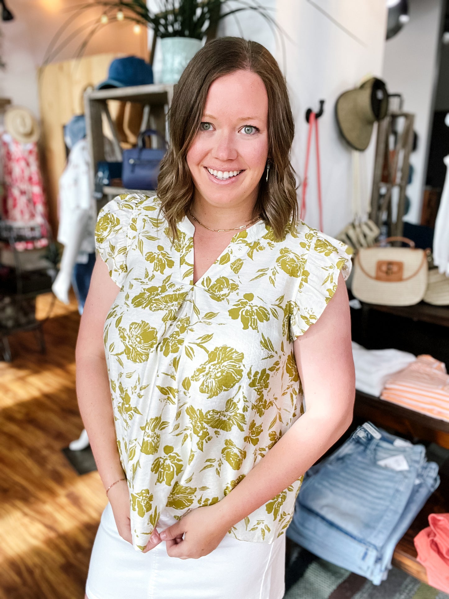 Golden Floral Ruffle Sleeve Top