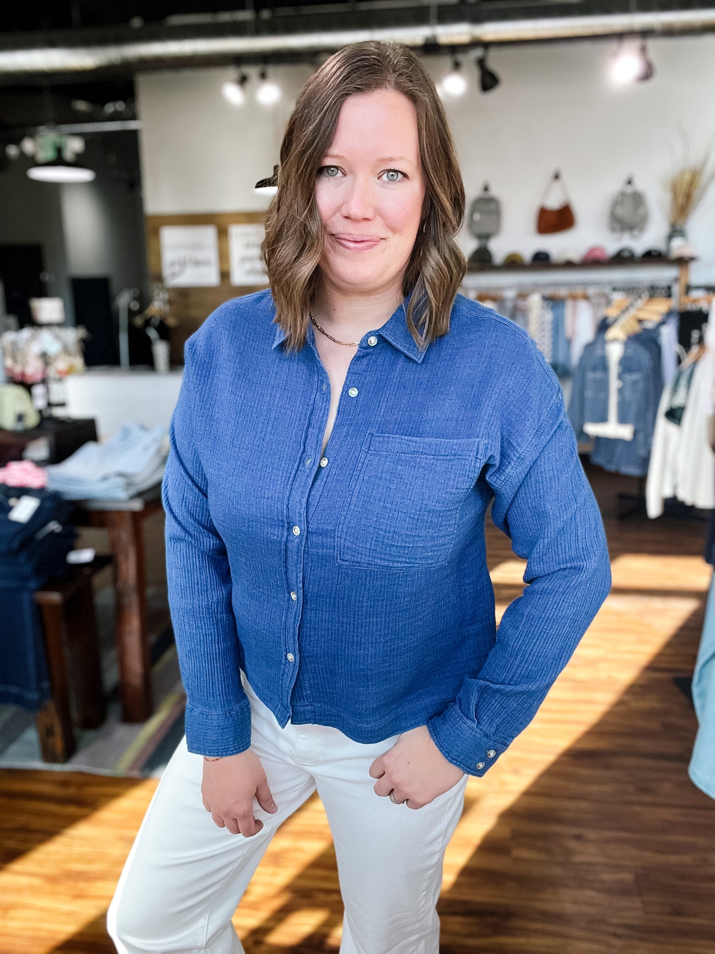 Blue Denim Gauze Long Sleeve Top
