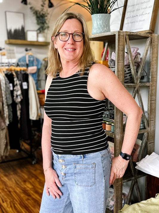 Black W/ White Stripe Crop Tank