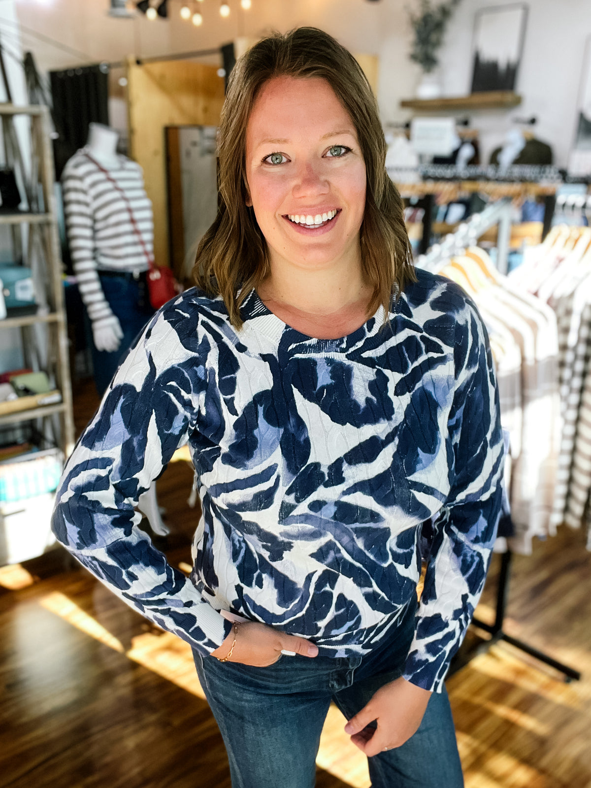Blue & Cream Print Long Sleeve Sweater