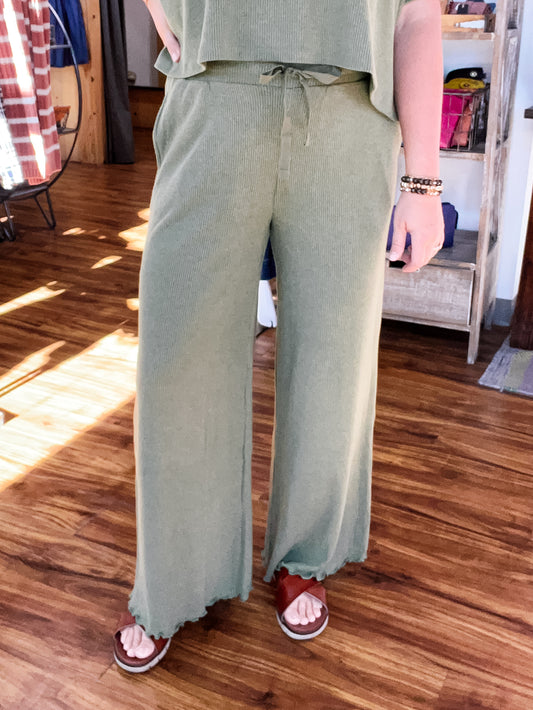 Olive Green Ribbed Lounge Pants