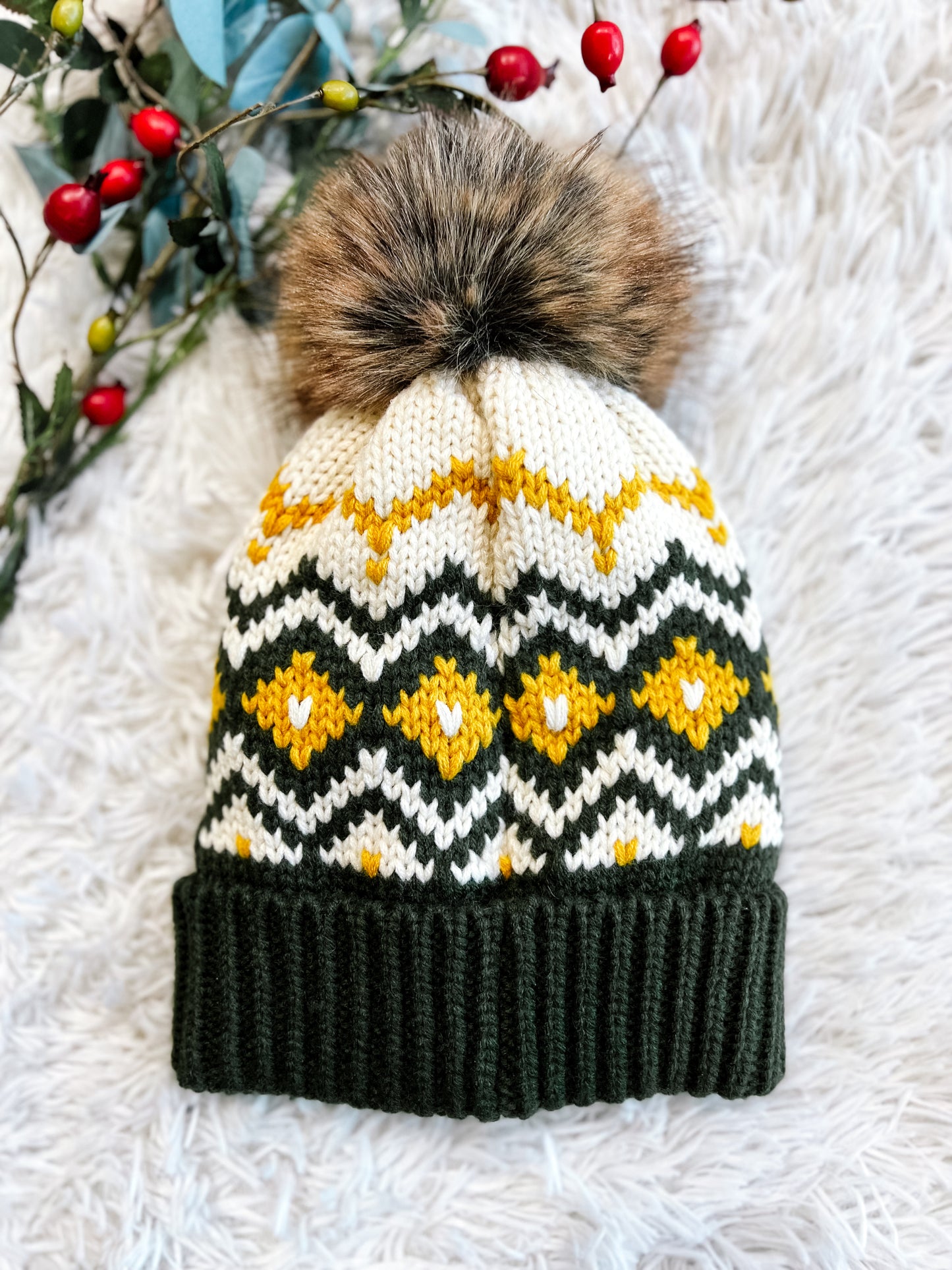Olive, Cream & Mustard Patterned Pom Beanie