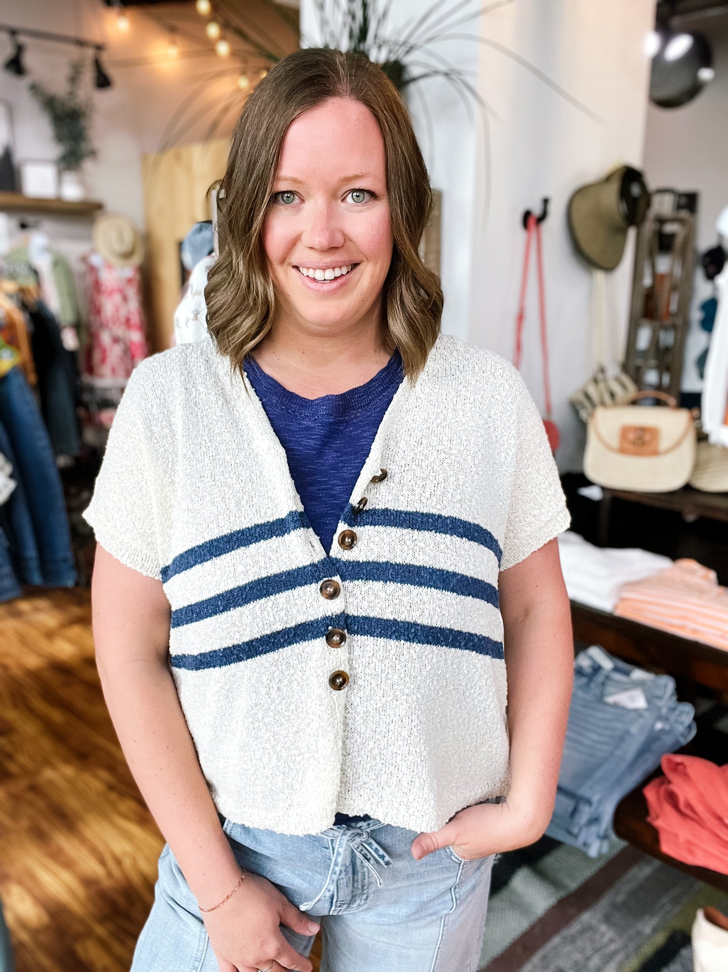 Cream & Navy Stripe Short Sleeve Cardigan