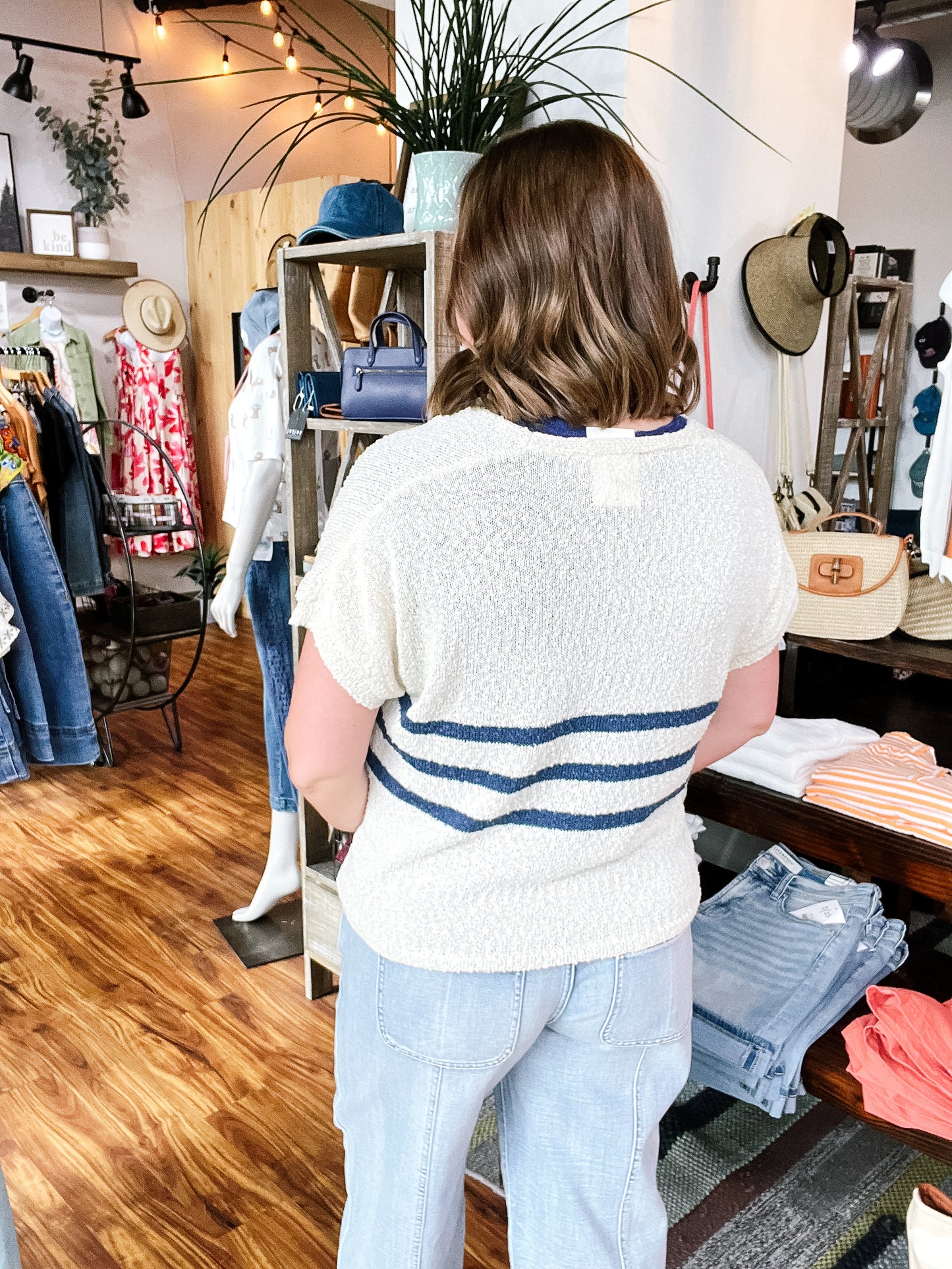 Cream & Navy Stripe Short Sleeve Cardigan
