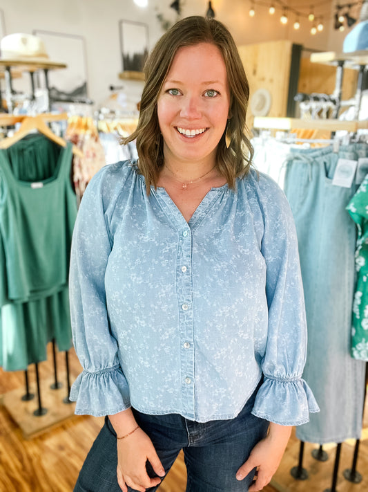 Chambray W/ Floral Stitching Woven Top