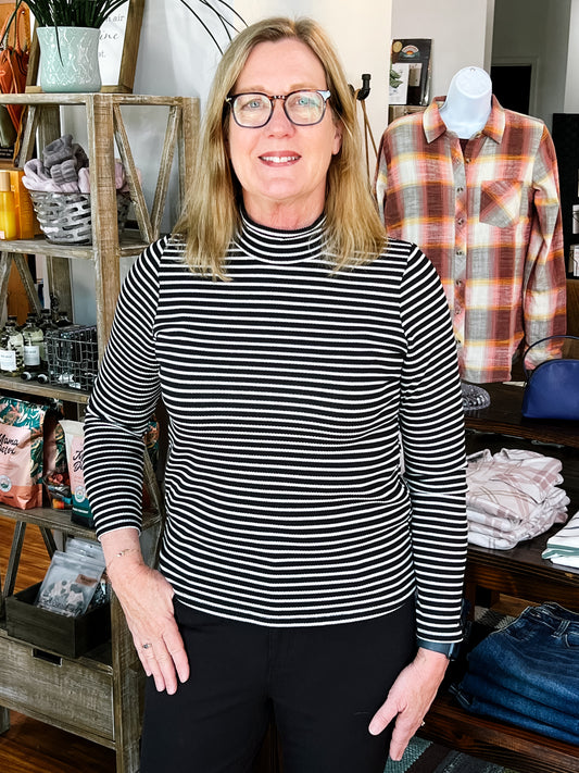 Black/White Stripe Mock Neck Top