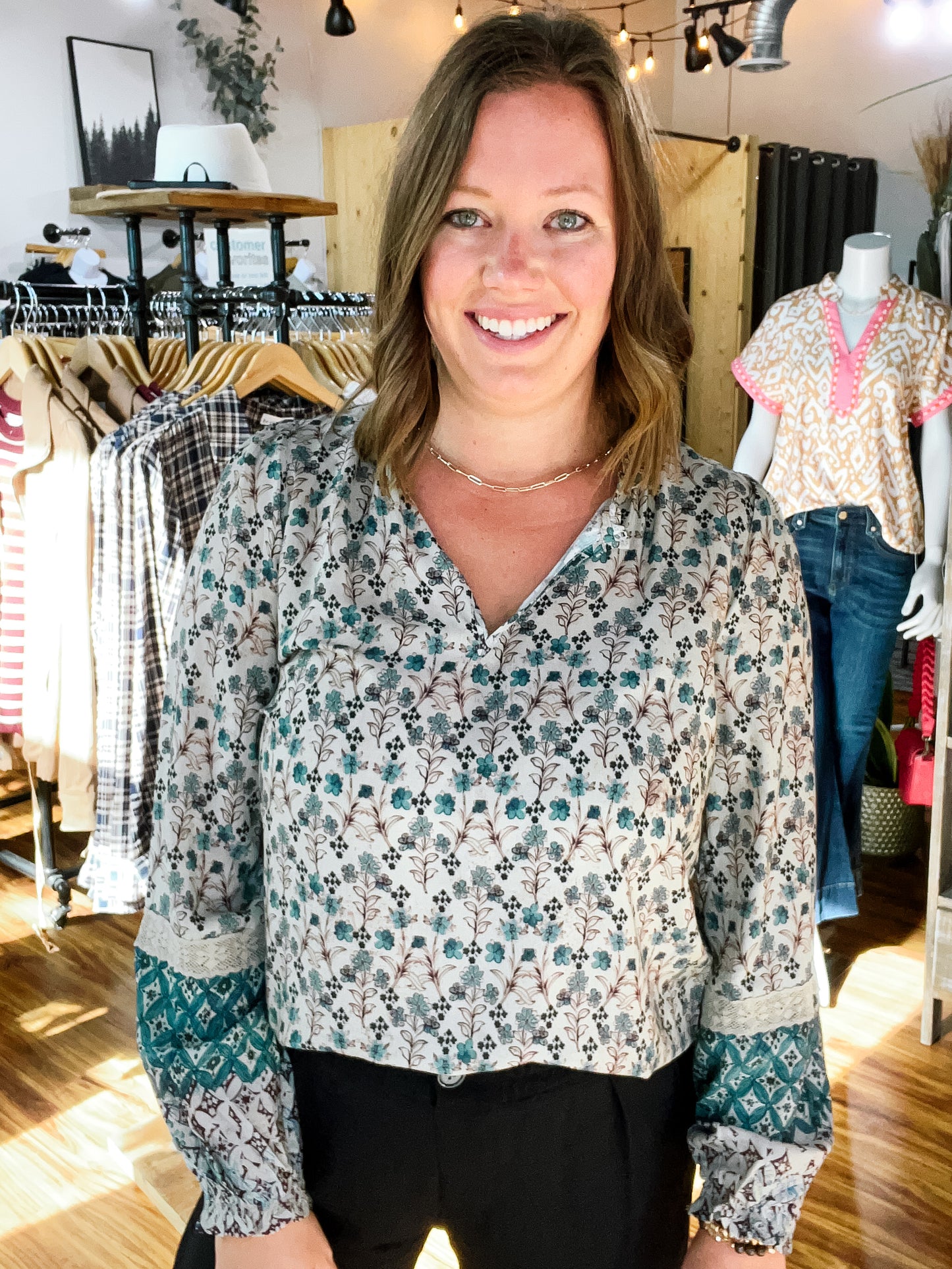 Teal Floral Long Sleeve Top