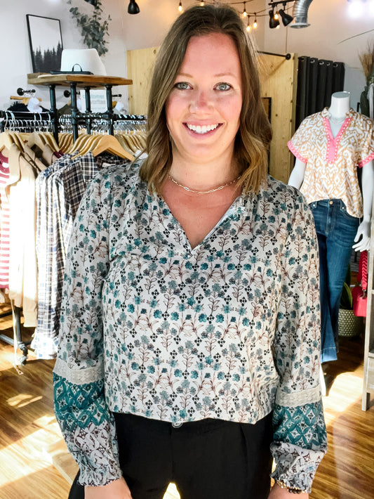 Teal Floral Long Sleeve Top