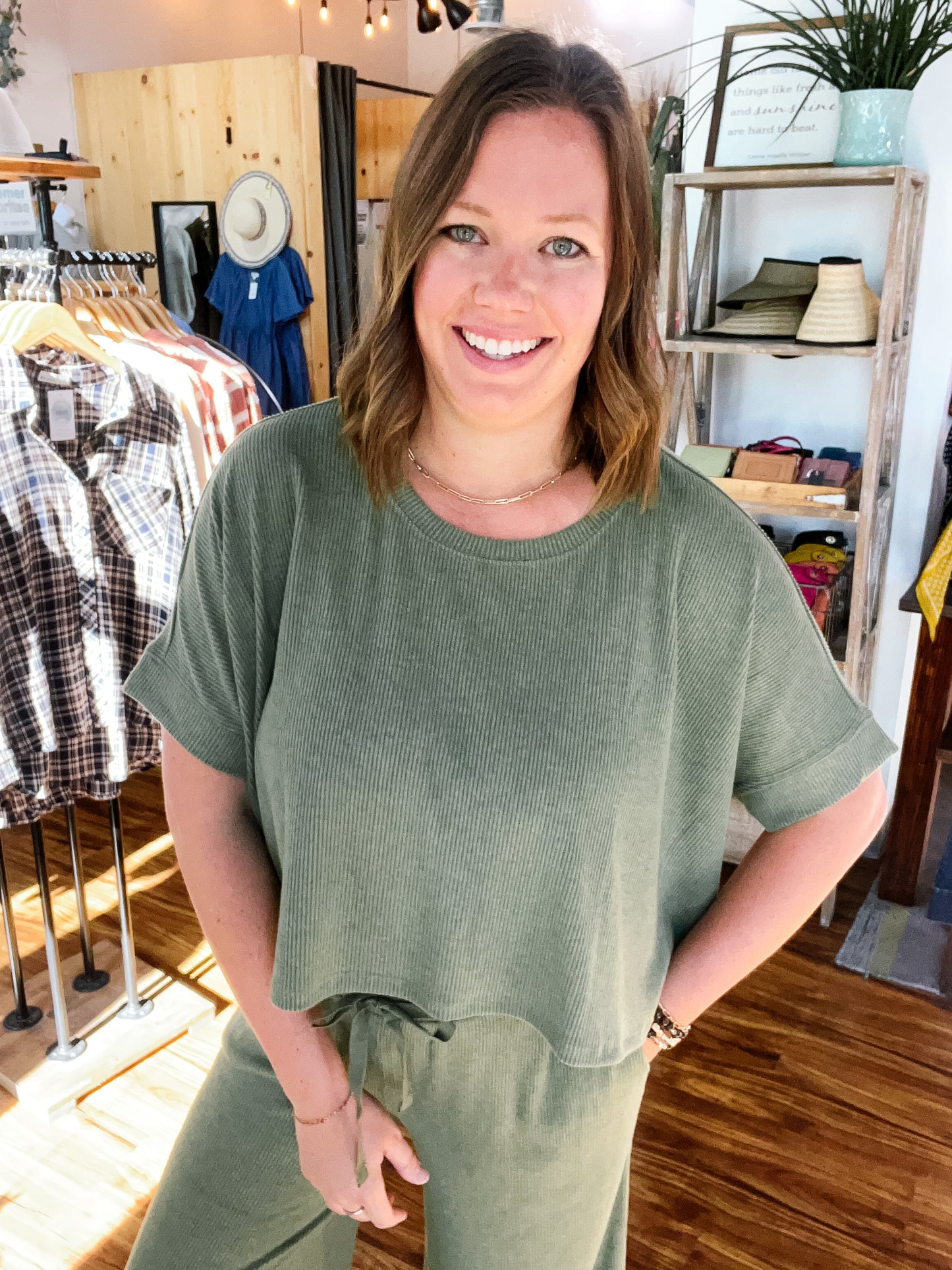 Olive Green Ribbed Lounge Top