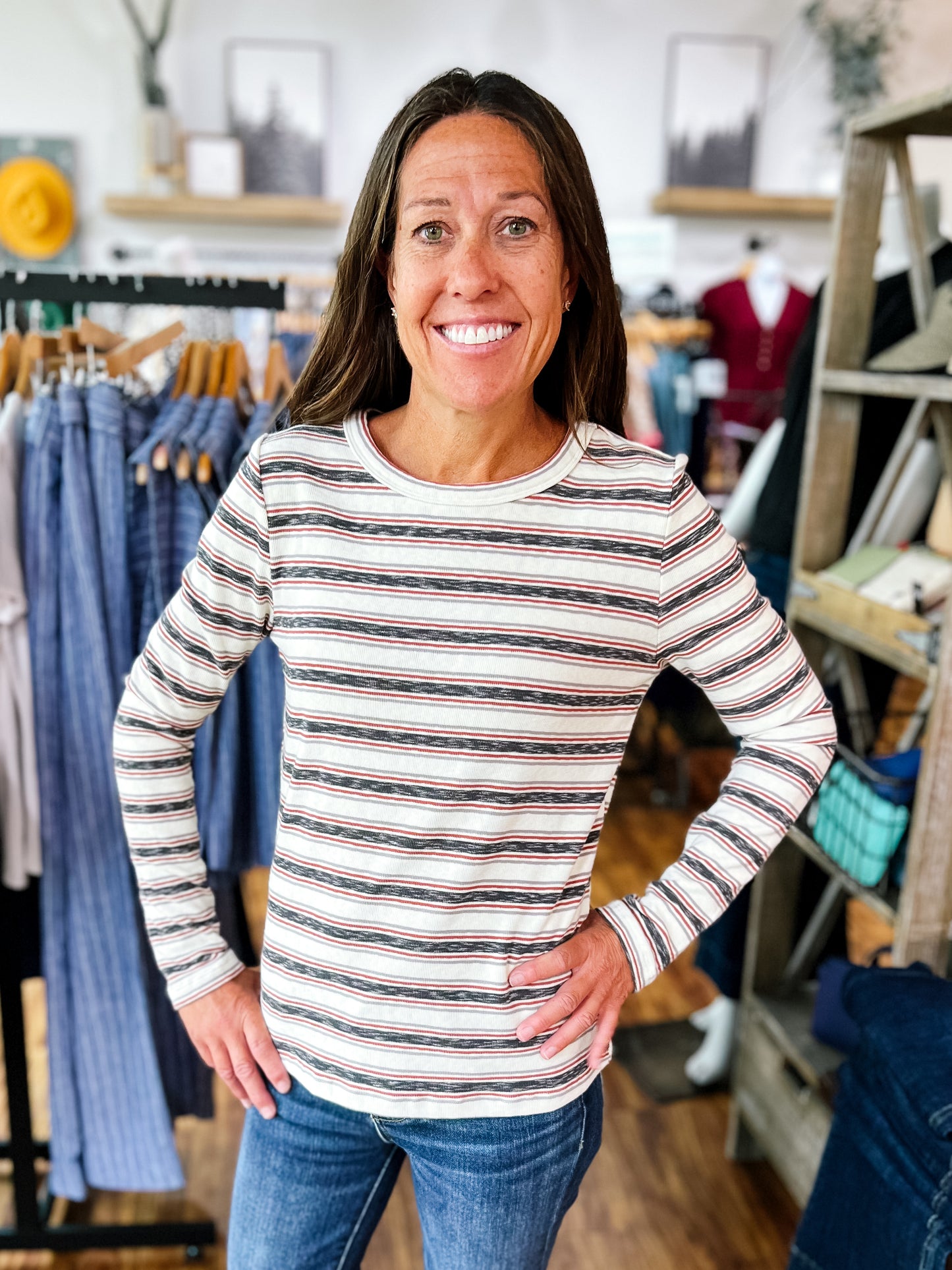 Gray & Rust Multi Stripe Long Sleeve Top