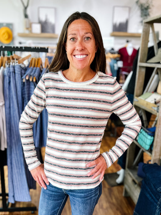 Gray & Rust Multi Stripe Long Sleeve Top