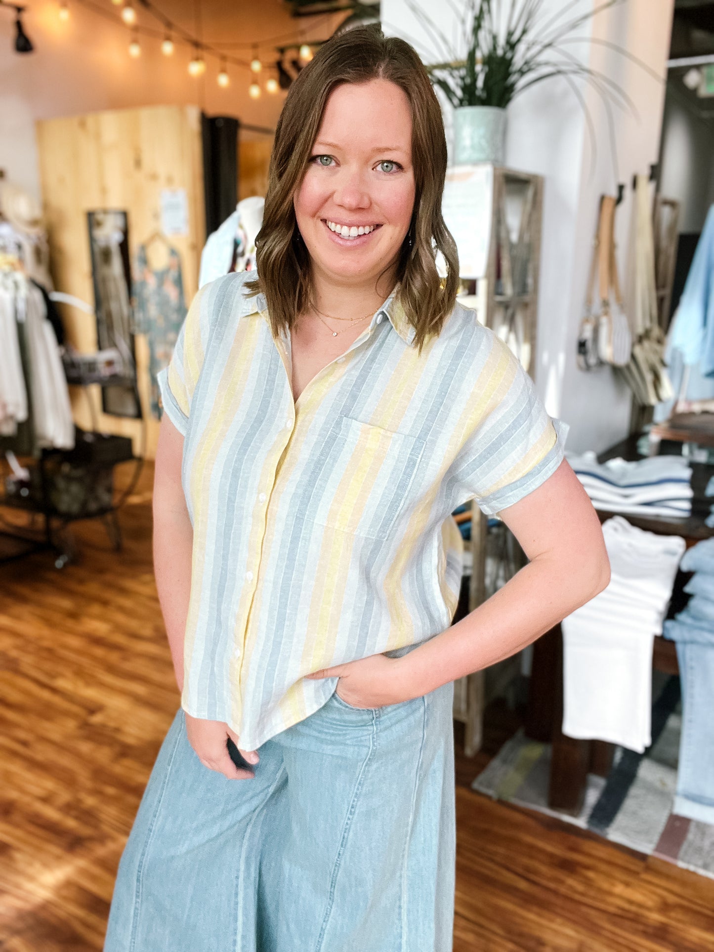 Blue & Yellow Multi Stripe Button Up Shirt