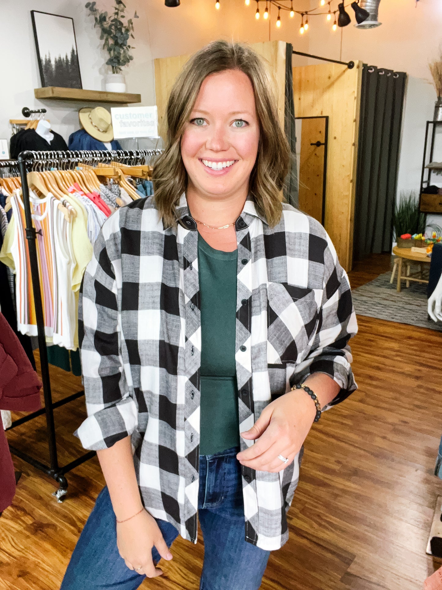 Cream W/Black Plaid Flannel Shirt