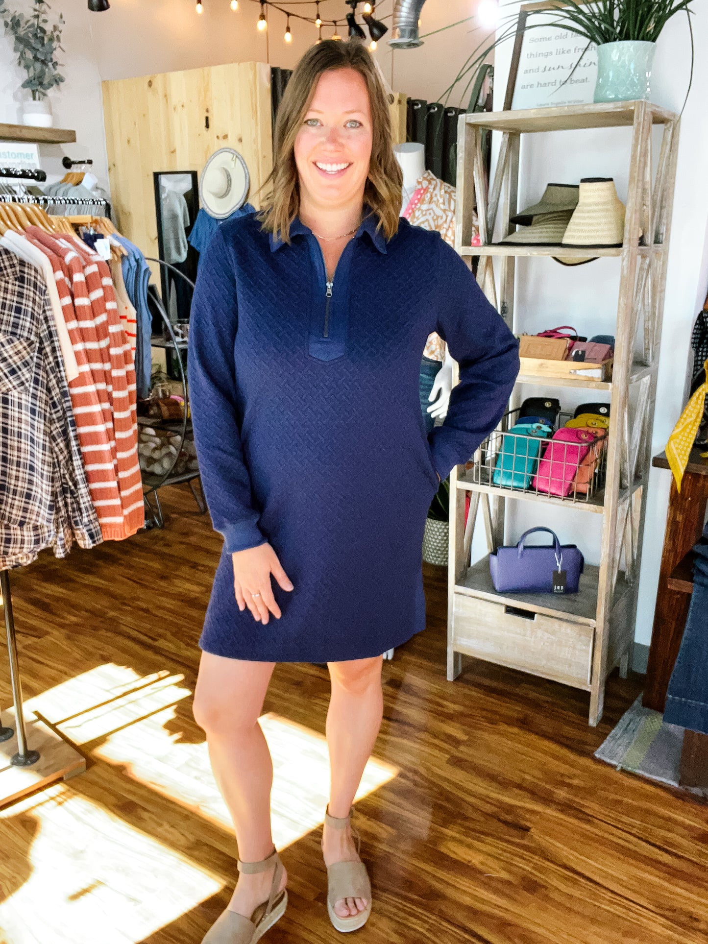 Navy Zip Collar Long Sleeve Dress