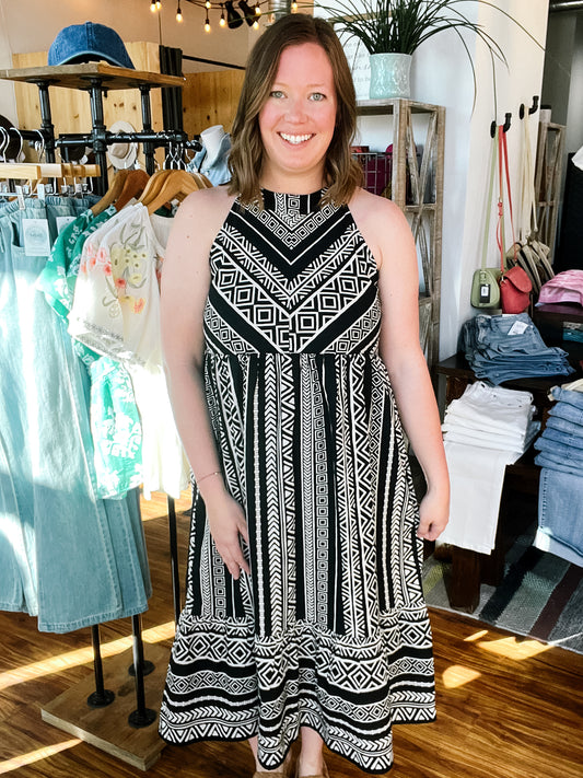 Black W/Beige Aztec Halter Dress