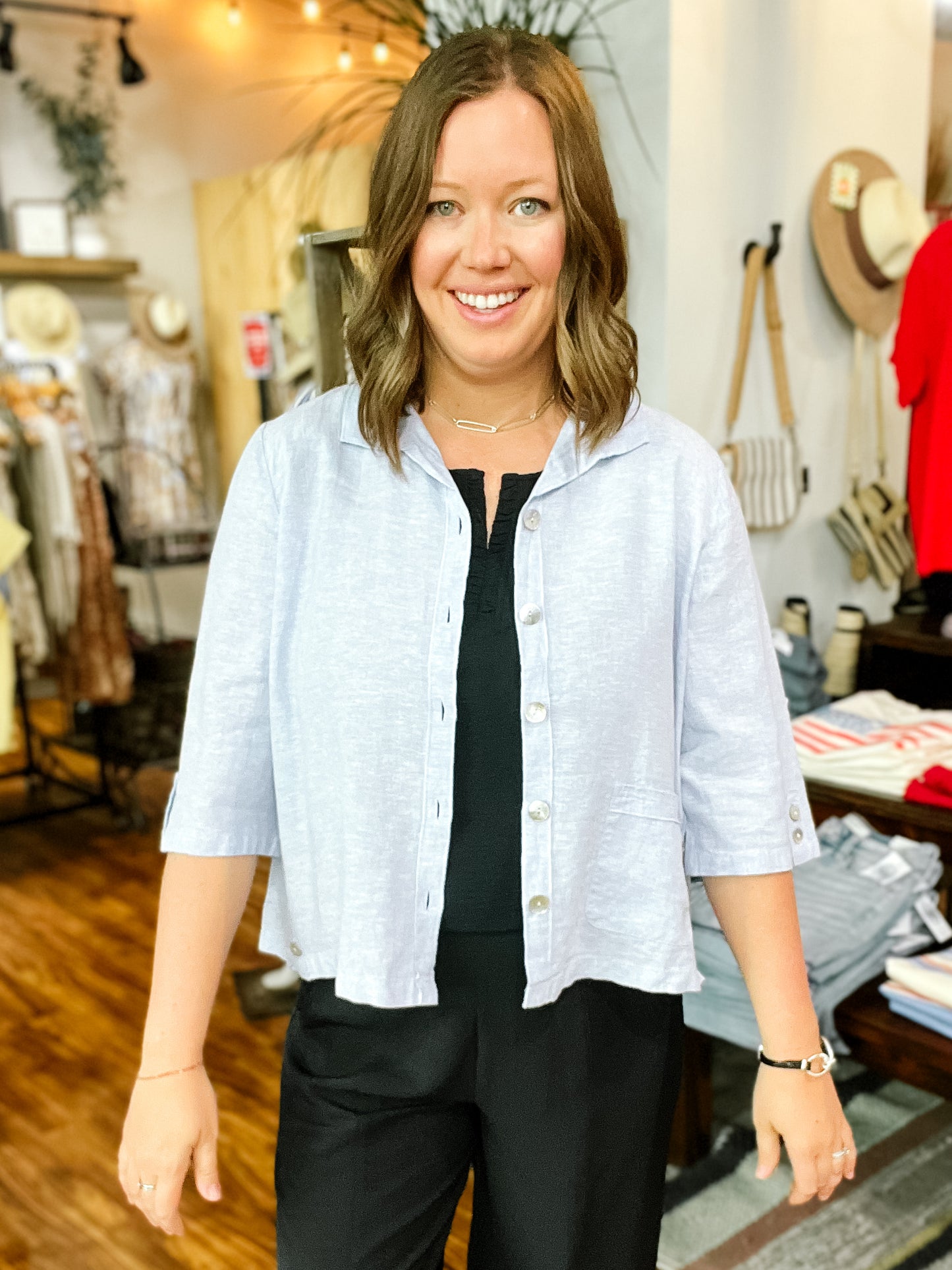 Light Blue Linen Button Front Shirt
