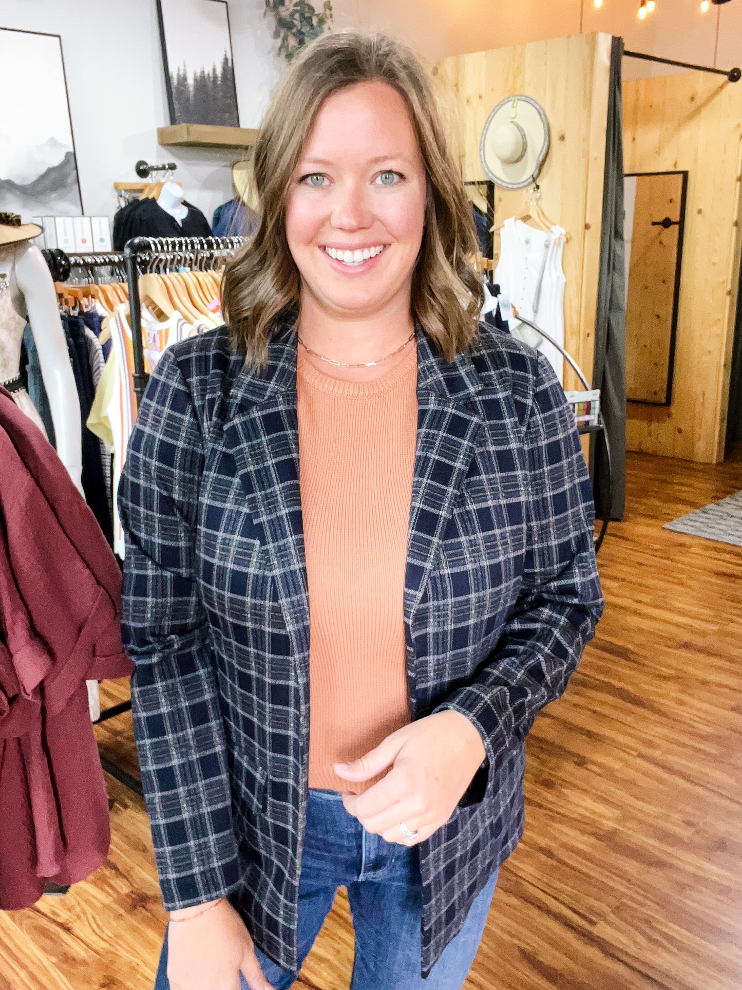 Navy Plaid Boyfriend Blazer