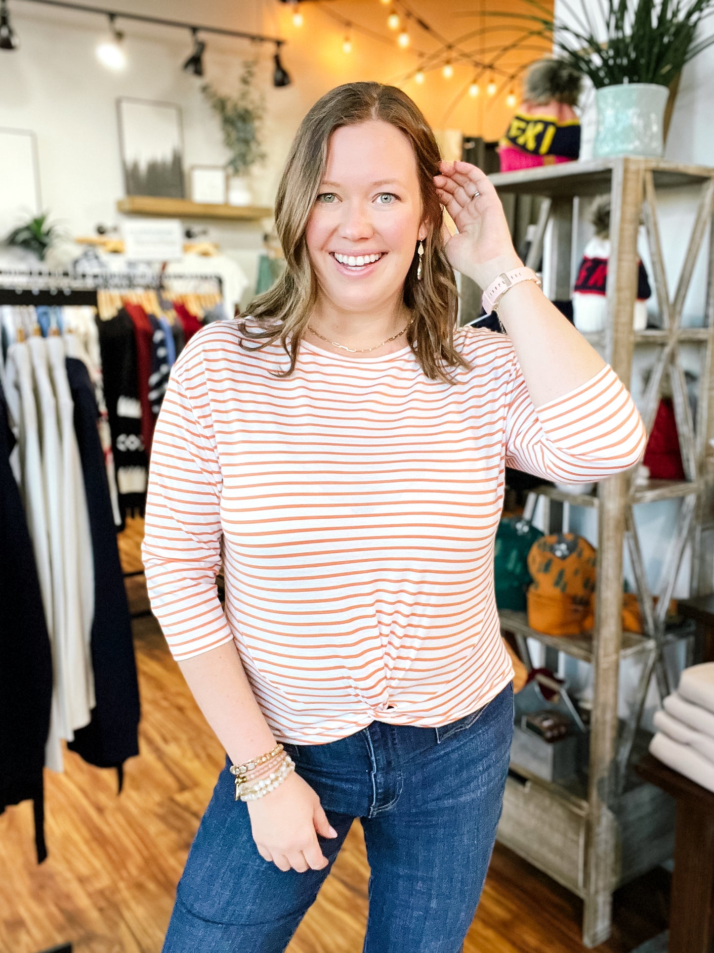 White & Orange Stripe Twist Front Top