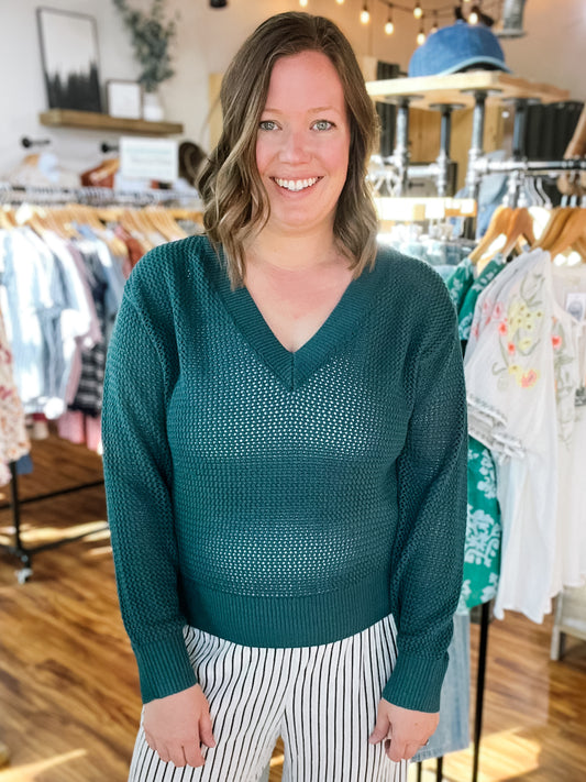 Teal Open Weave V Neck Sweater