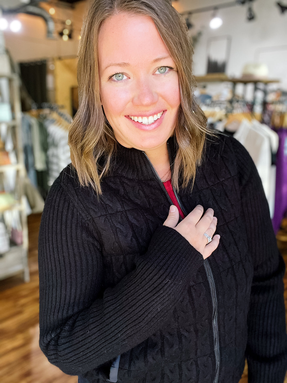 Black Zip Front Quilted Sweater Jacket