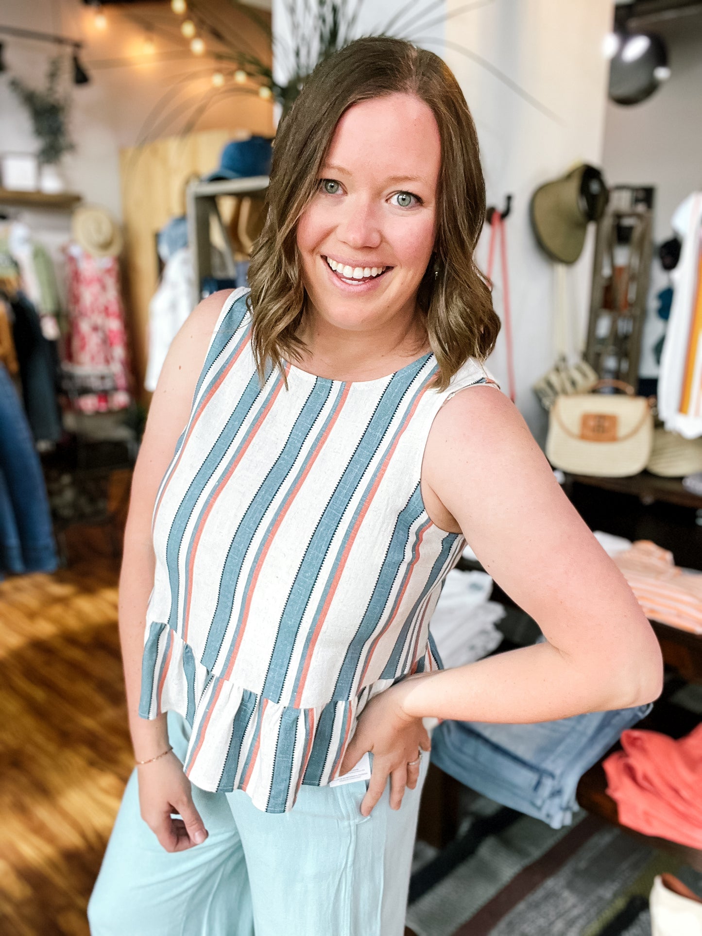 Denim & Vintage Red Stripe Peplum Tank Top