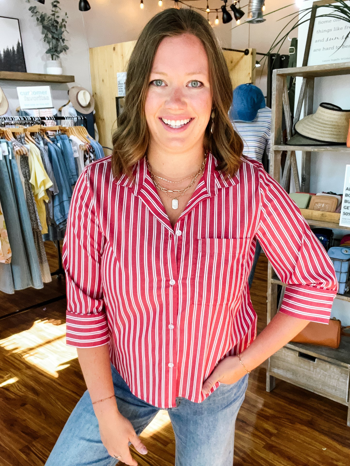 Red And White Stripe Button Front Shirt