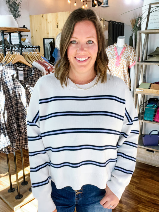 Cream W/Blue Stripe Sweater