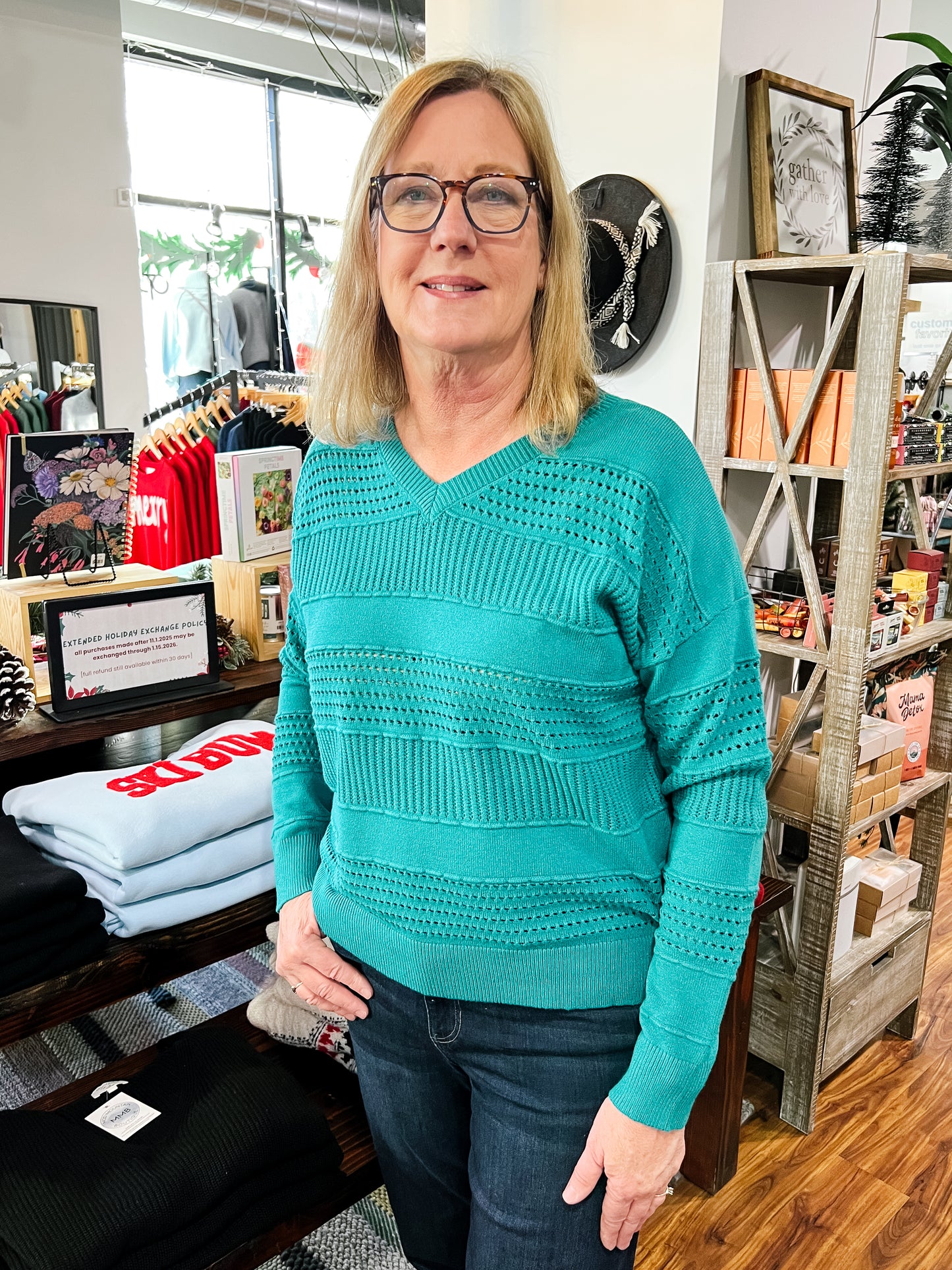 Teal Pointelle V Neck Sweater