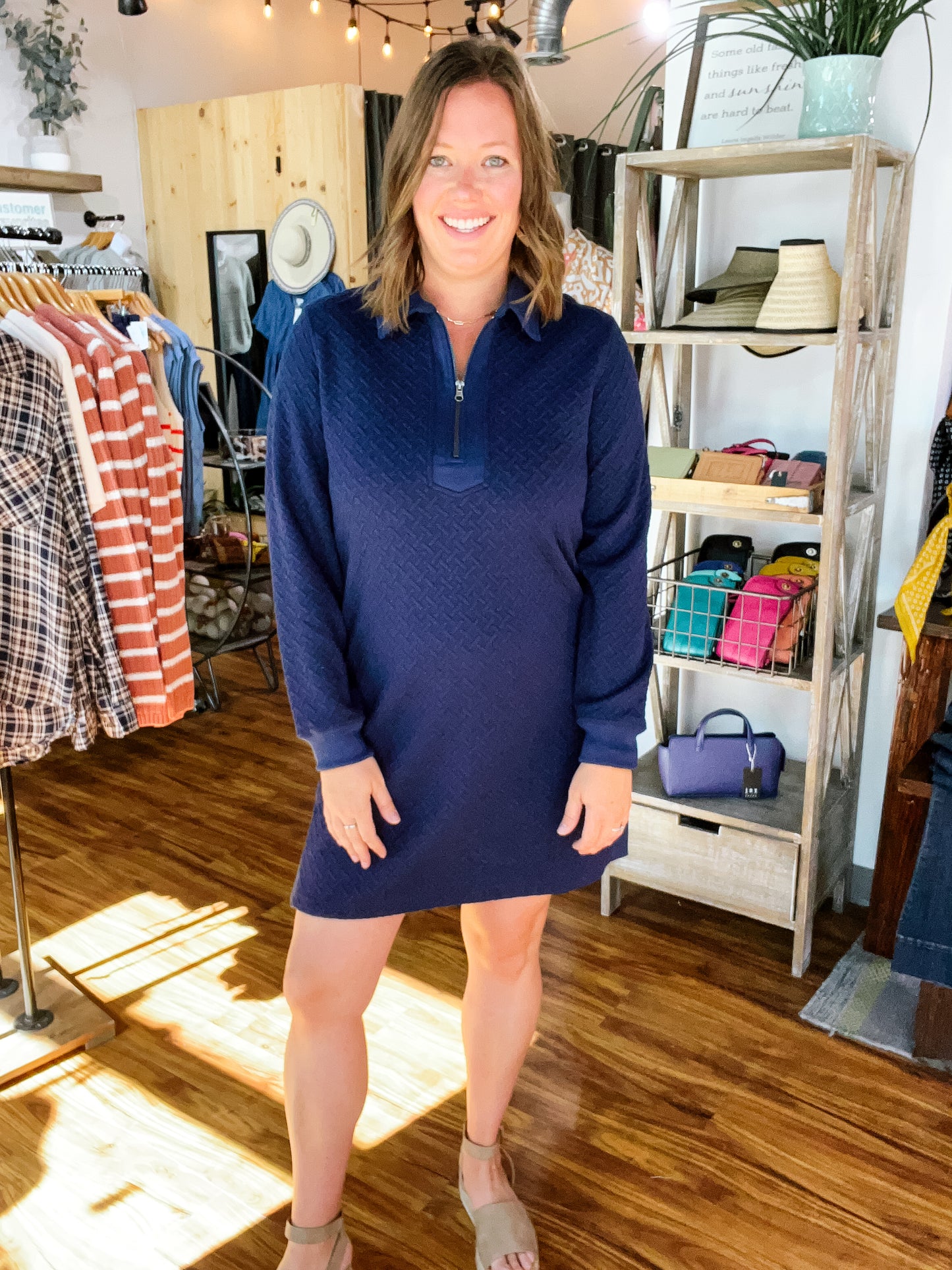 Navy Zip Collar Long Sleeve Dress