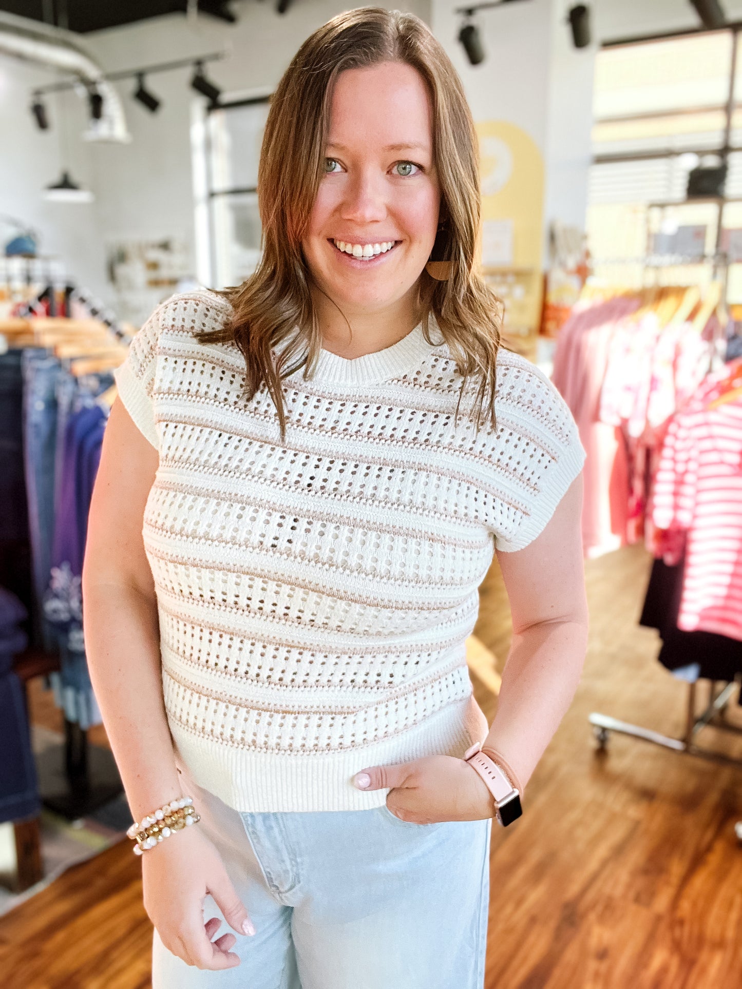 Ivory/Taupe Open Stitch Sleeveless Sweater