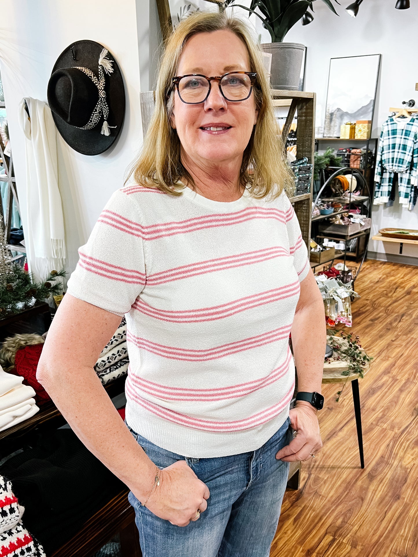 Cream W/Pink Triple Stripe Short Sleeve Sweater