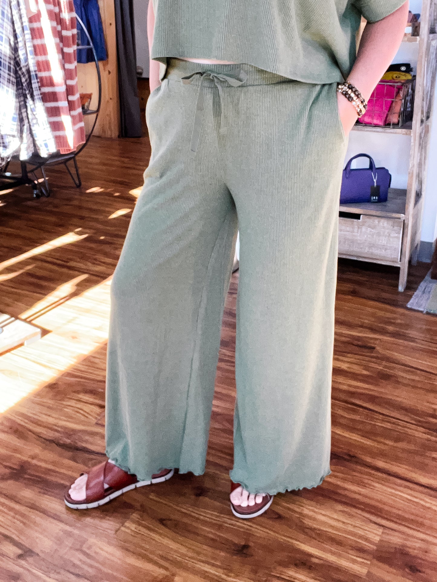 Olive Green Ribbed Lounge Pants