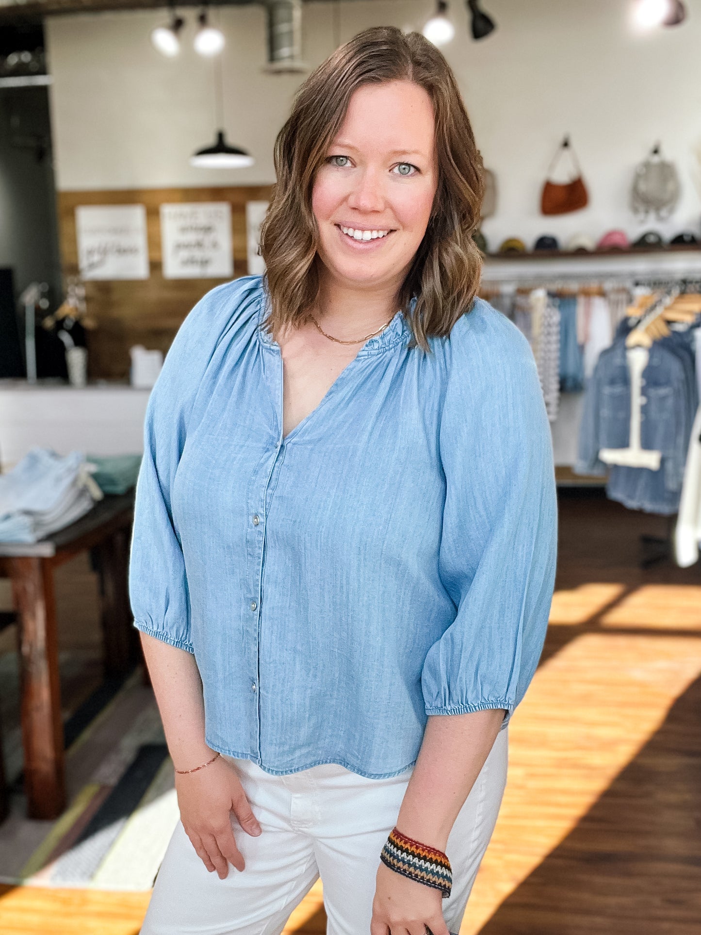 Chambray Button Front Blouse W/ Ruffle Neck