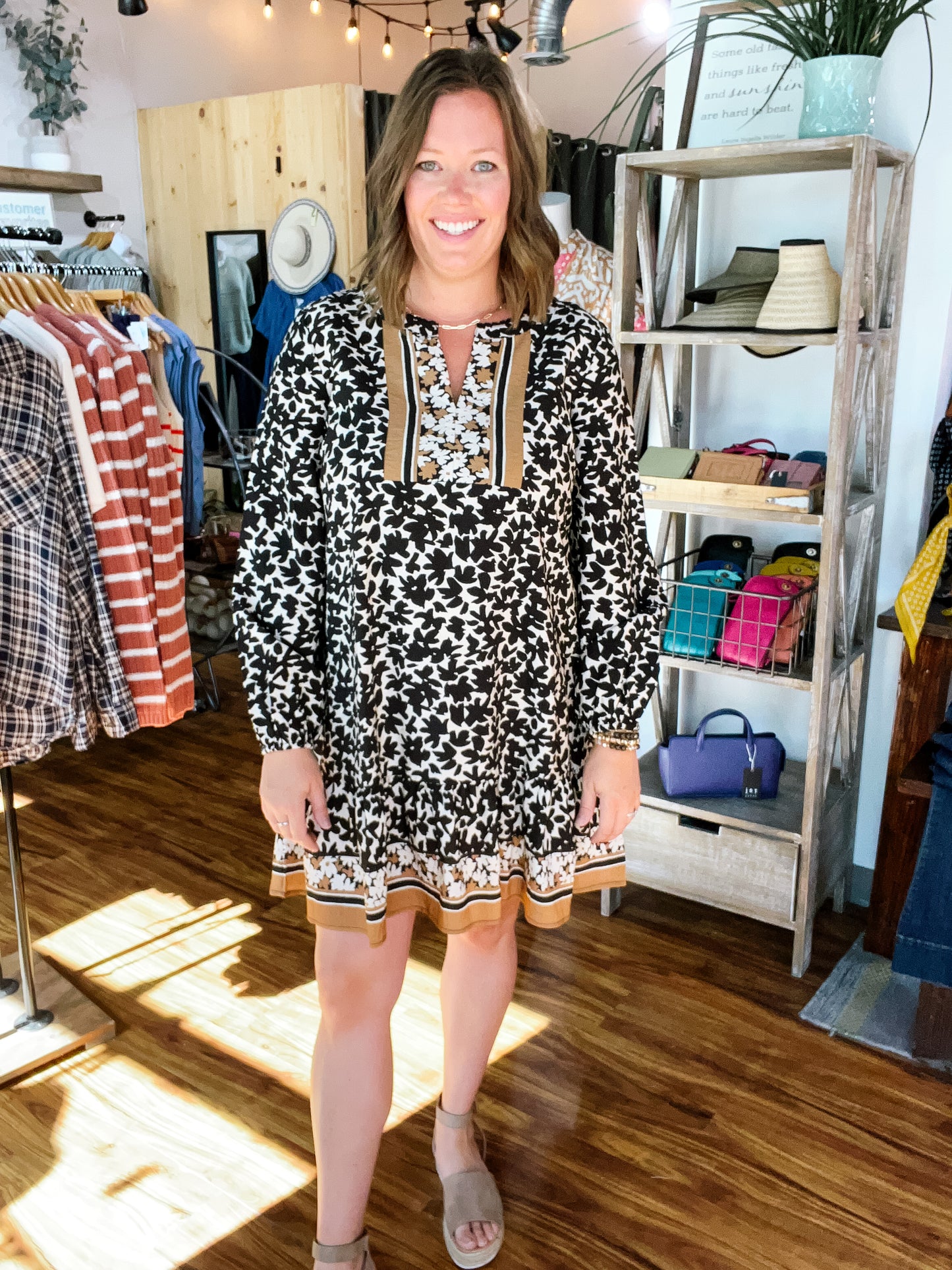 Black/Ivory Print Split Neck Dress