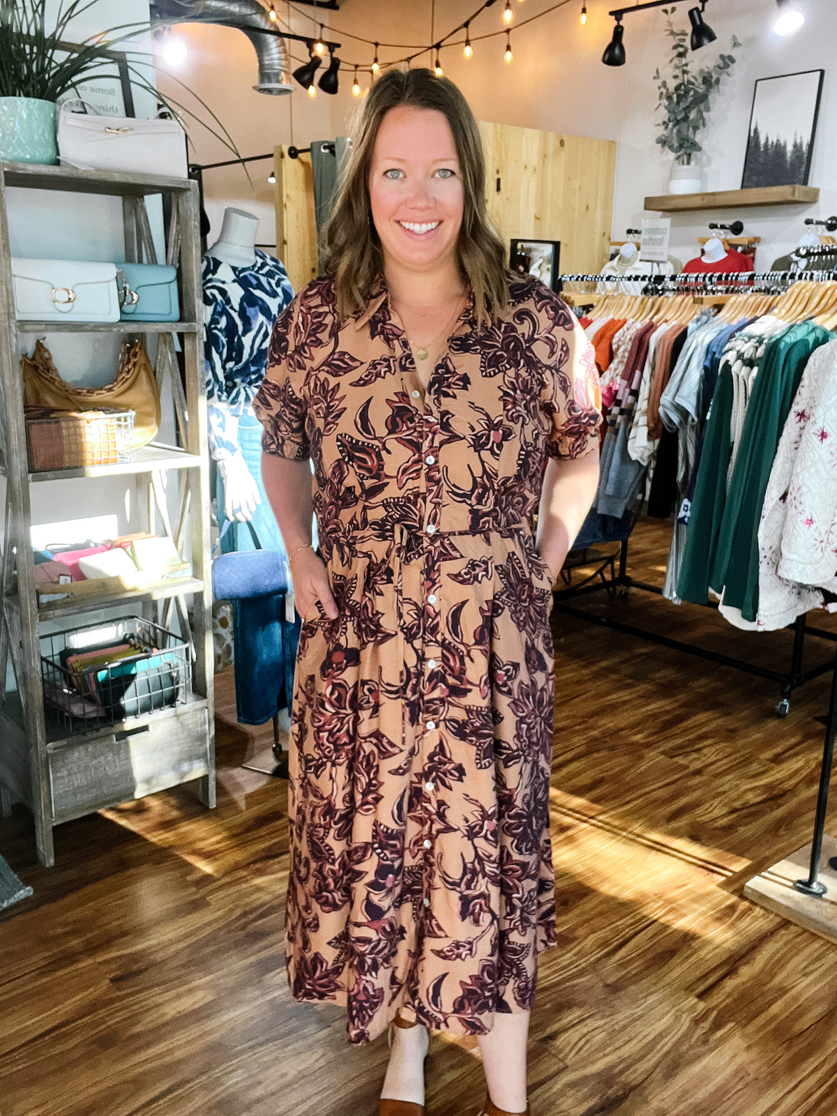 Brown Tie Waist Floral Print Dress