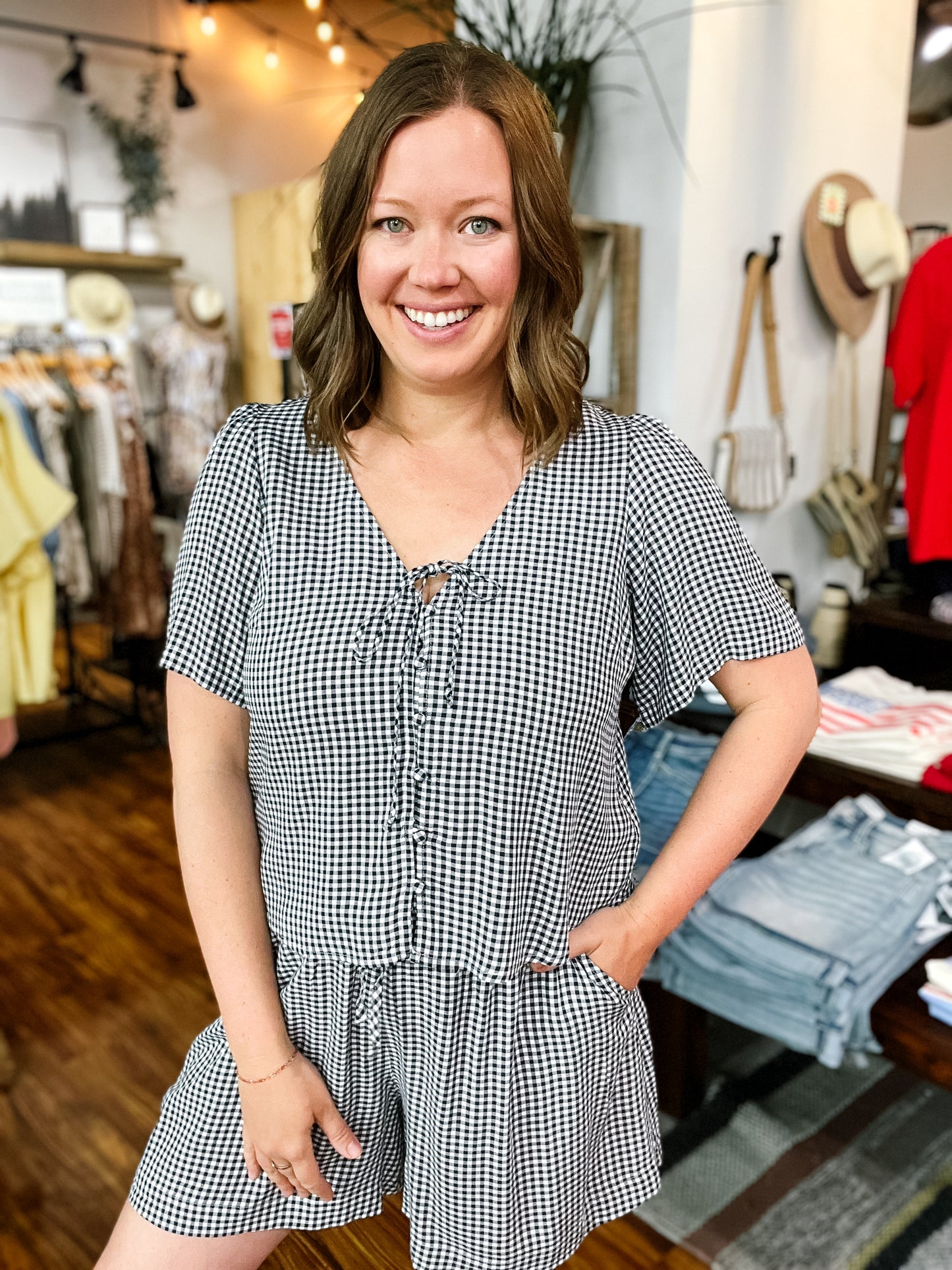 Navy Gingham Button Front Top
