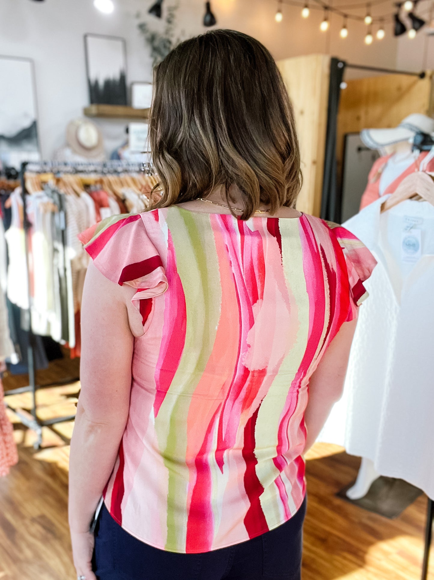 Pink Multi Stripe Flutter Sleeve Top