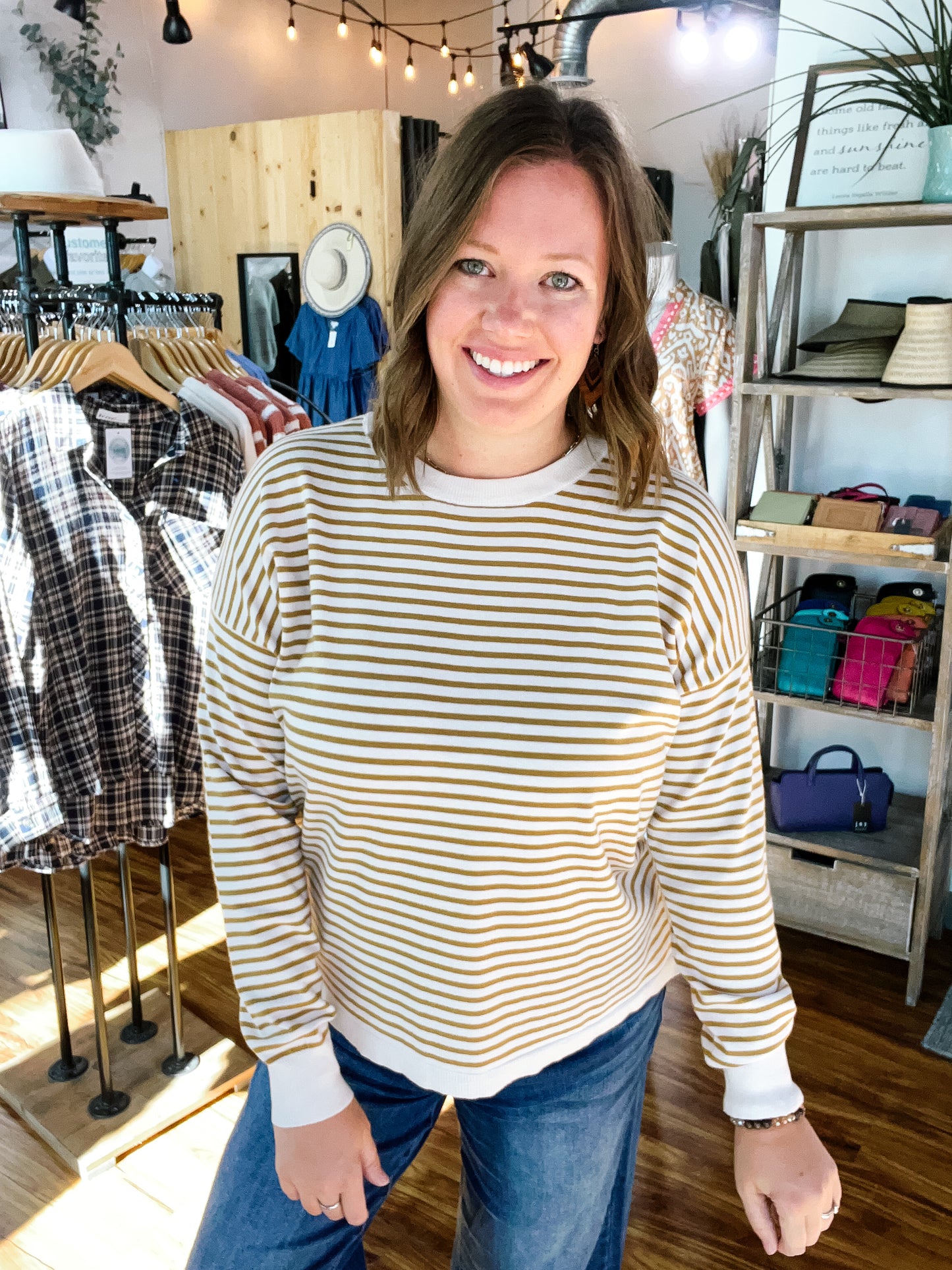 Cream And Camel Striped Crewneck Light Sweater