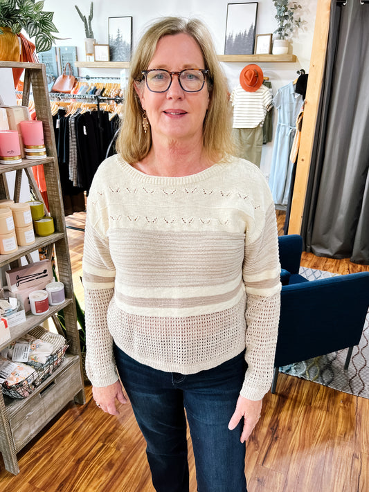 Ivory W/Beige Stripe Boat Neck Sweater