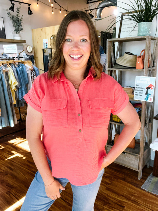 Coral Gauze Button Front Top