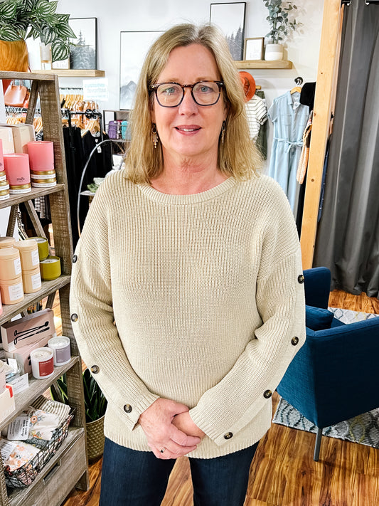 Beige Button Sleeve Sweater