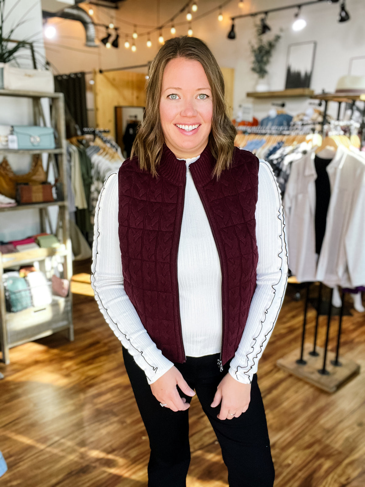 Plum Reversible Cable Knit Puffer Vest
