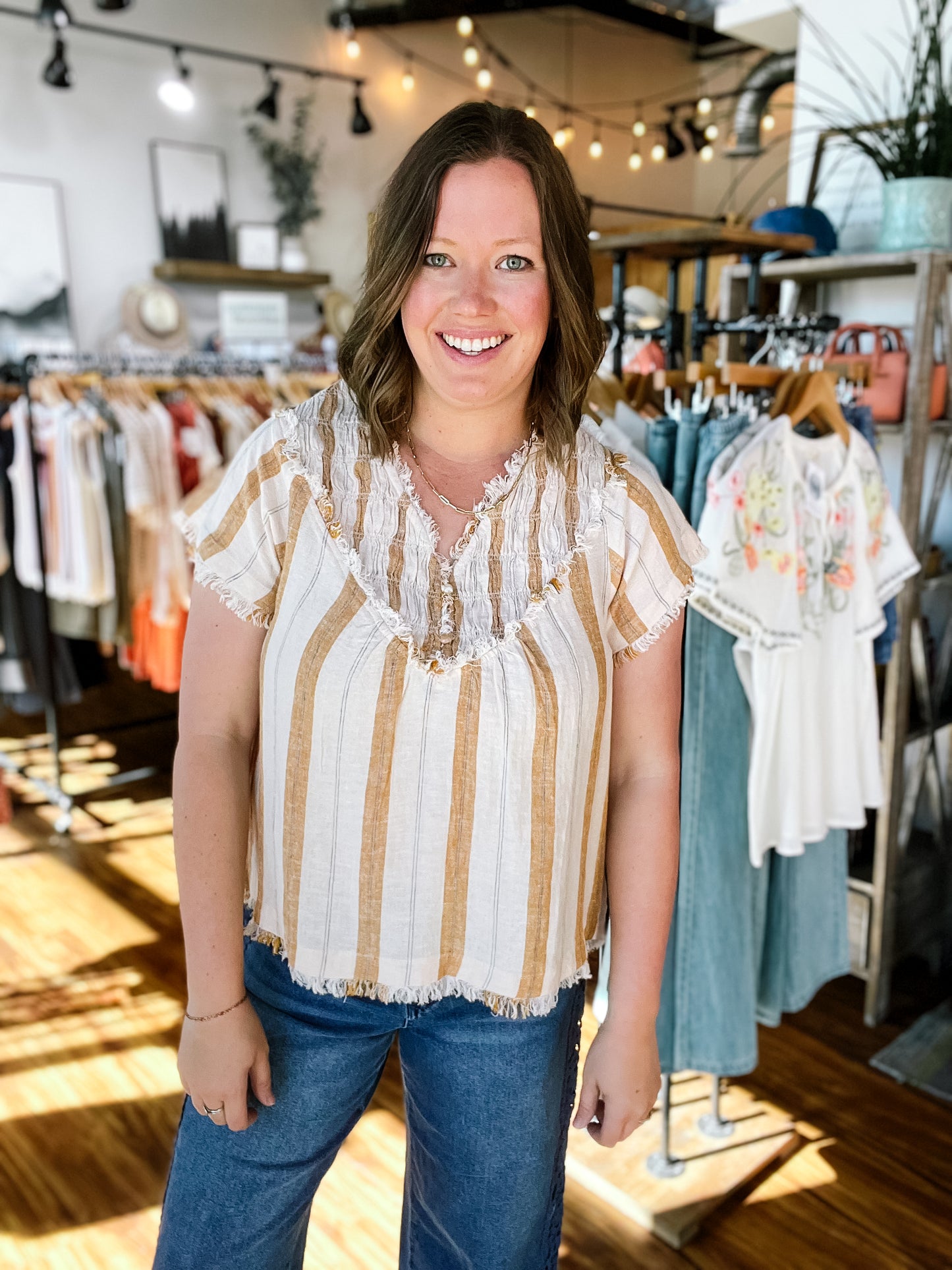Tan Stripe Raw Edge Top