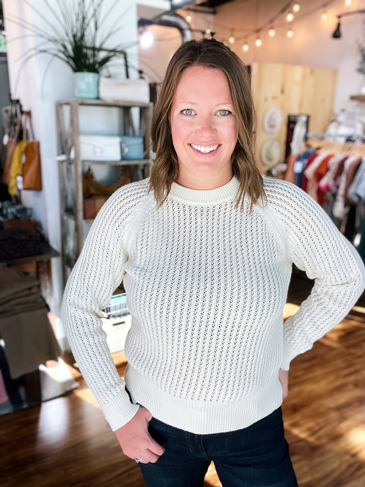 Stone Open Stitch Crew Neck Sweater