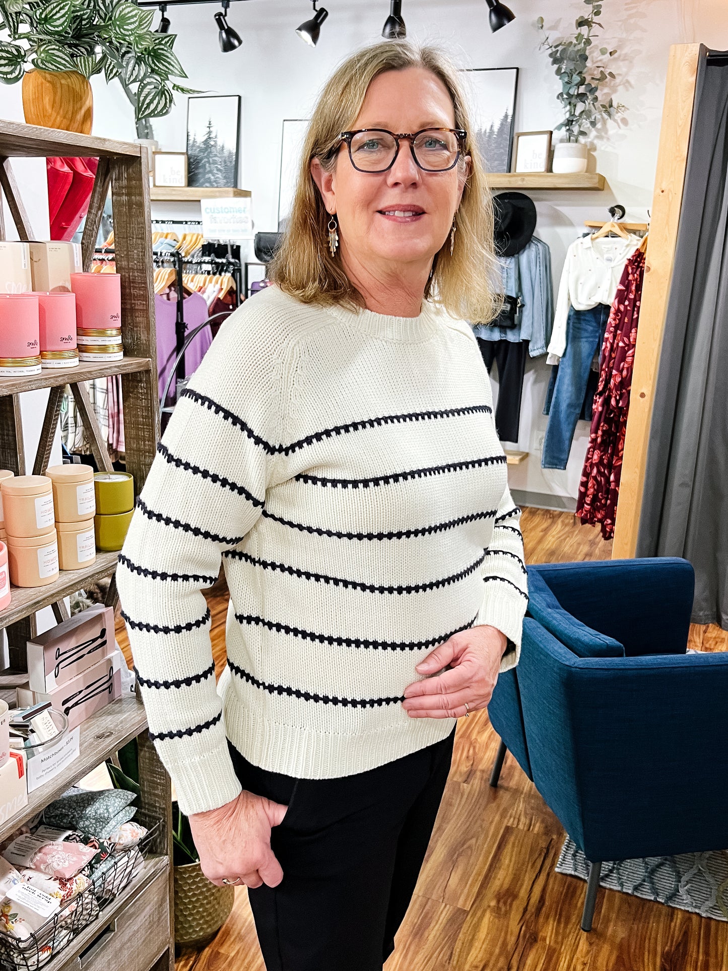 Ivory Sweater W/ Navy Texture Stripe