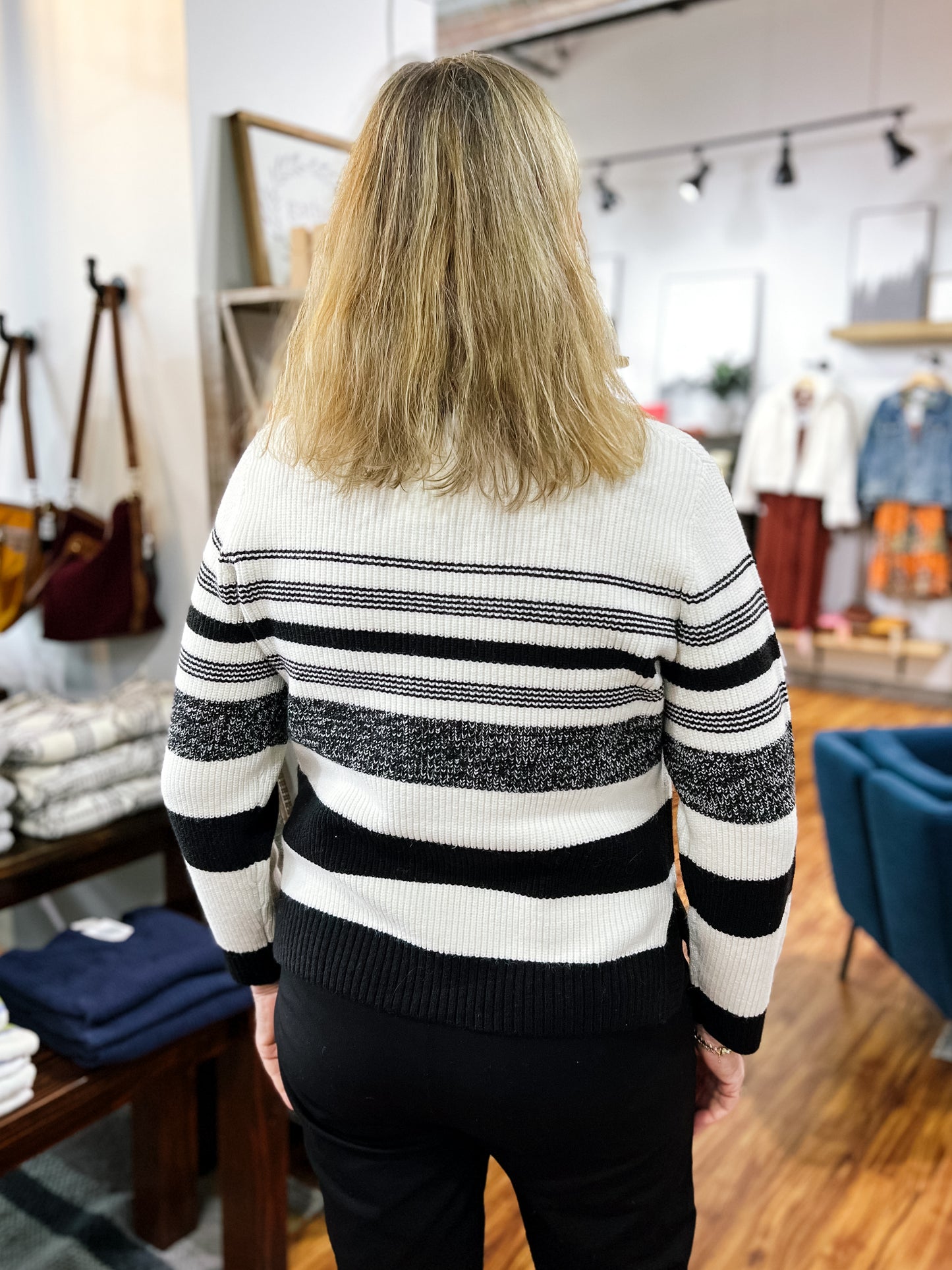 Ivory W/Black Stripe V-Neck Sweater