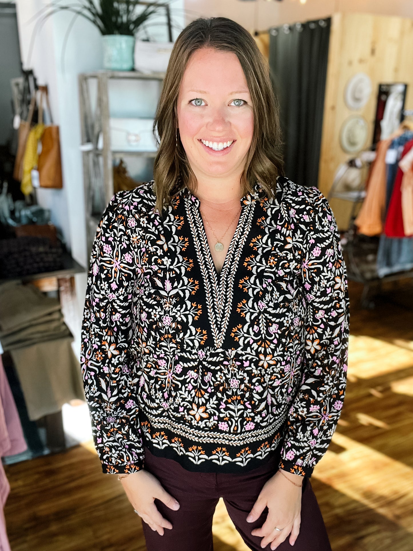 Black Floral Long Sleeve Blouse