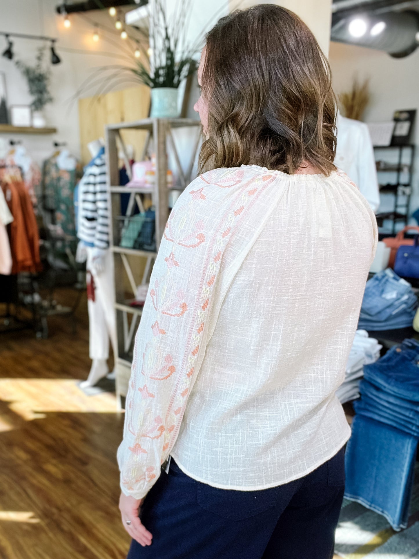 Cream & Pink Embroidered Sleeve Top