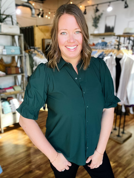 Spruce Green Collared Ruffle Short Sleeve Top