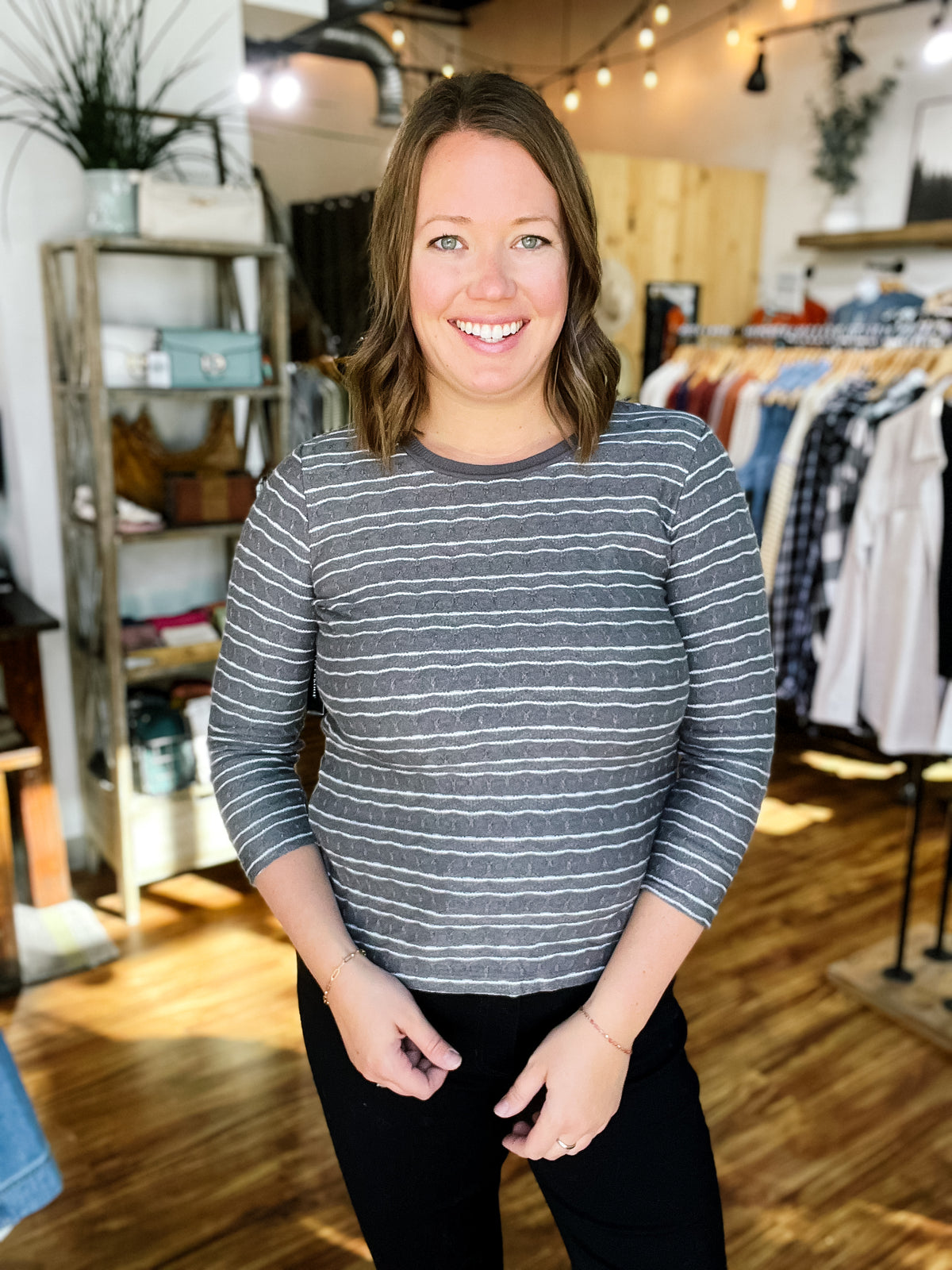 Gray w/ White Stripe Textured Long Sleeve Top